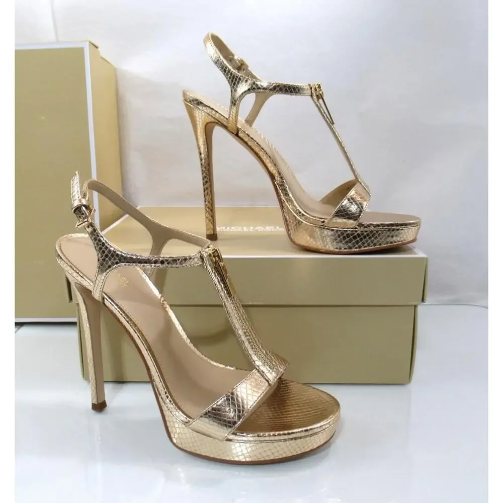 Michael Kors Berkley Stiletto Platform Heels Sandals Leather Pale Gold - Picture 3 of 7